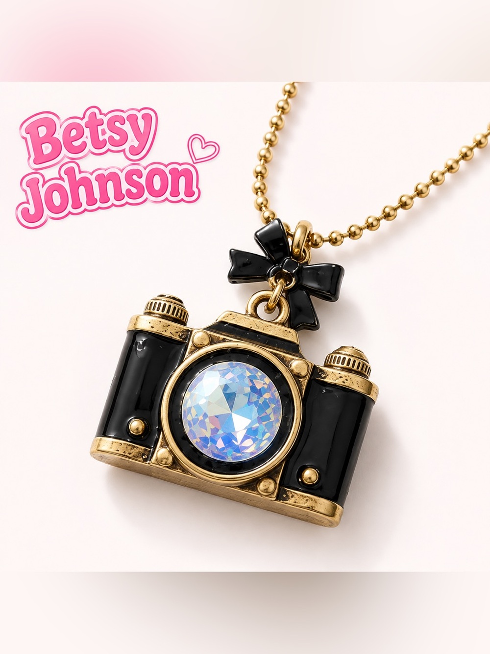 Betsey Johnson Black & Gold Camera Pendant Necklace with Iridescent Crystal